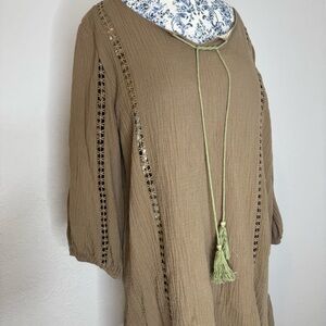 Brown Boho Earthy Tunic Dress with Tassel Tie | Size XL